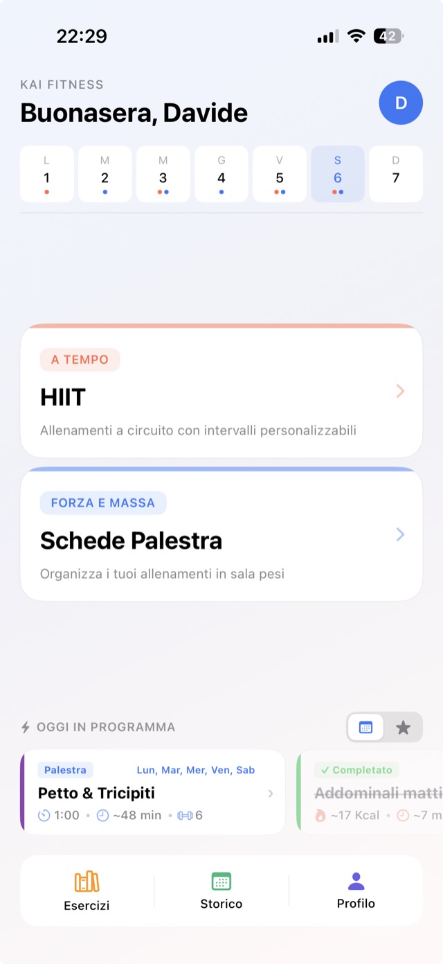 Schermata iniziale con le schede degli allenamenti a tempo e in palestra
