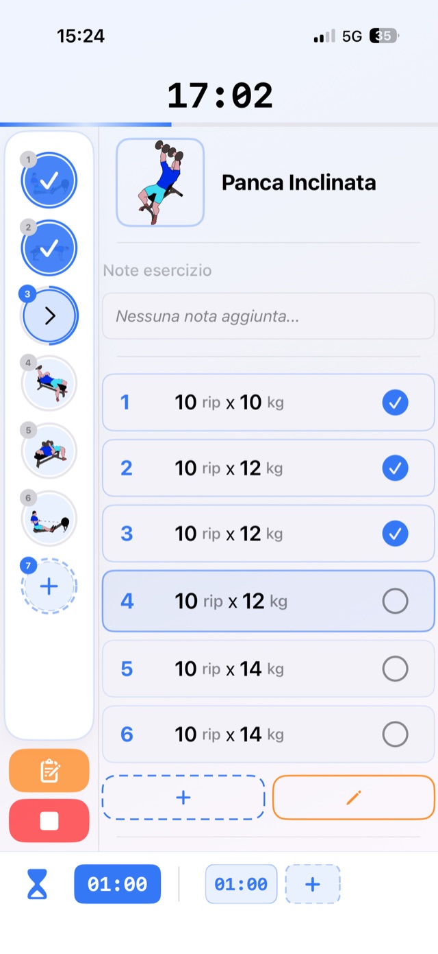 Allenamento in palestra in corso, con serie, ripetizioni e peso per ogni esercizio