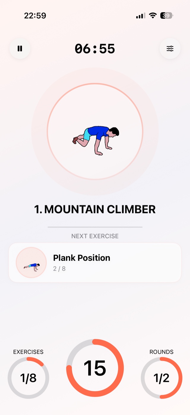 HIIT timer running, with the current exercise and the round counter
